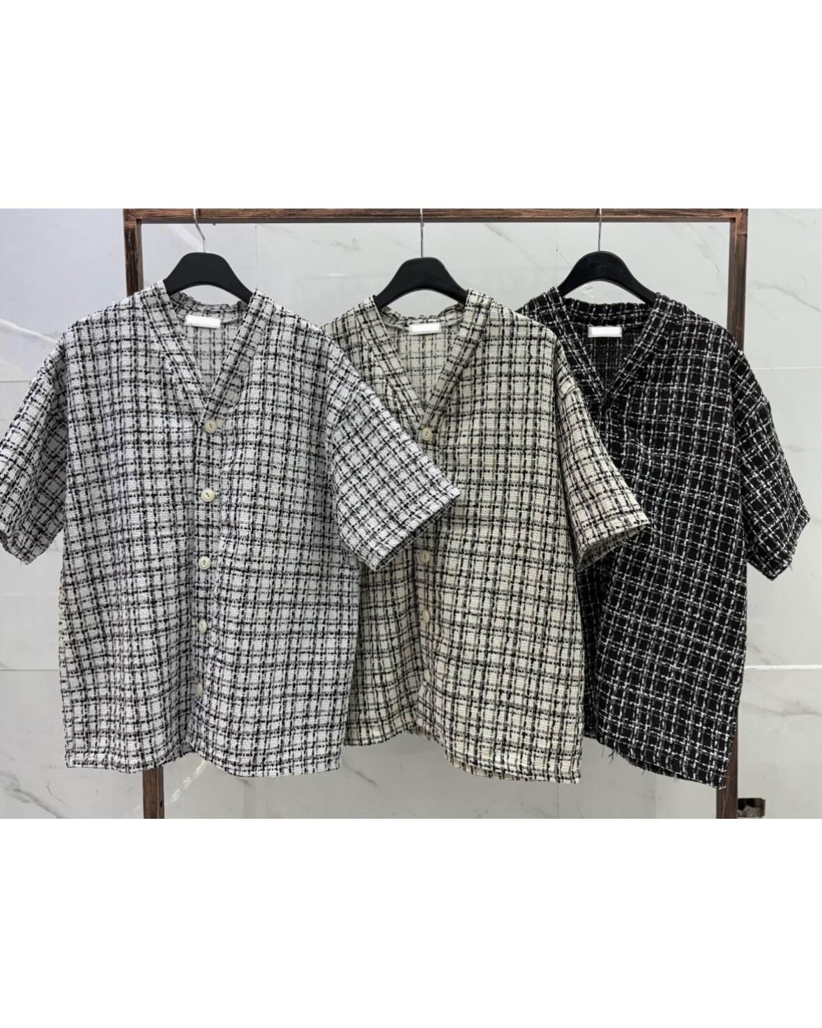 V領格仔短袖恤衫 S2320