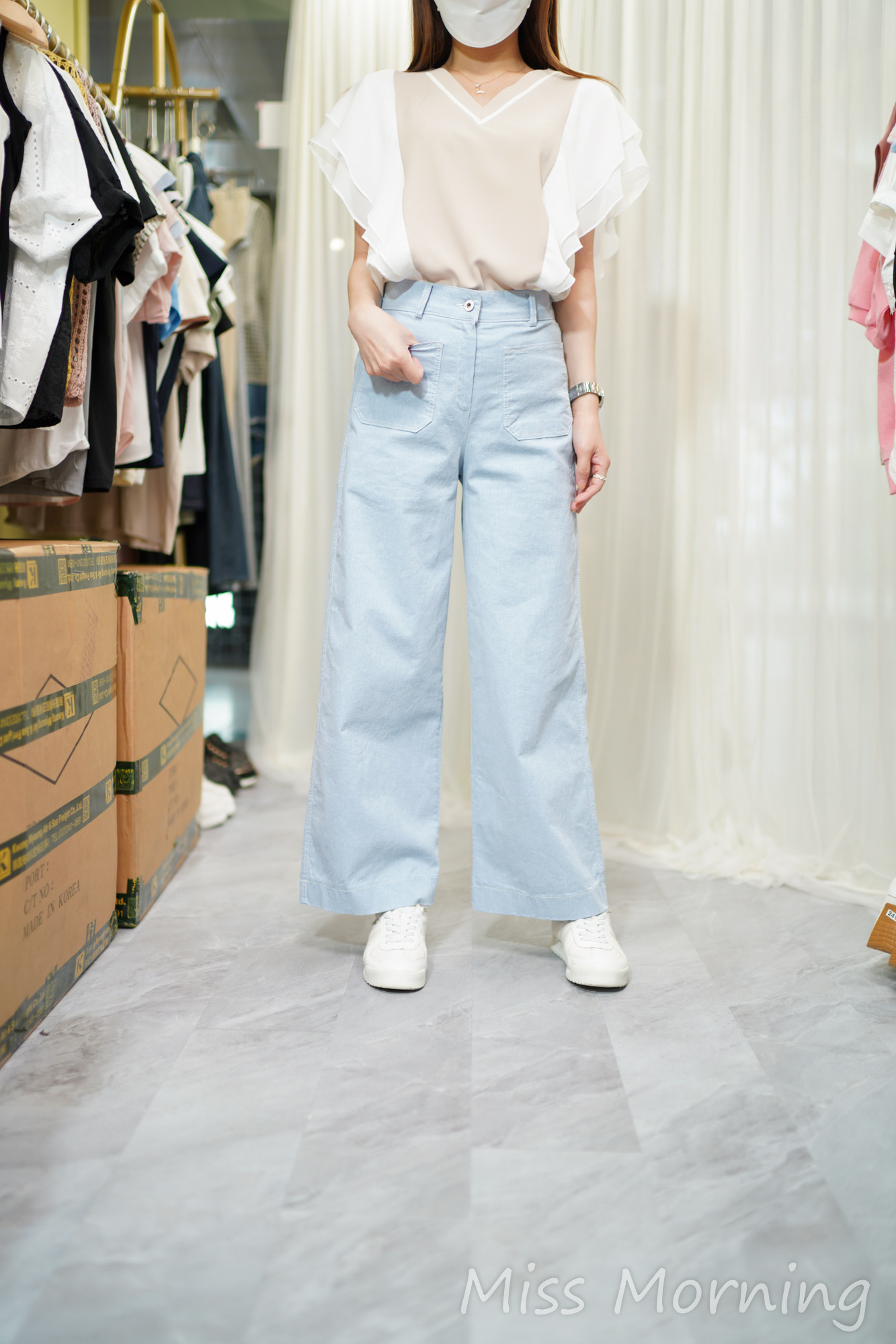 V領拼色免燙雪紡衫(14658)