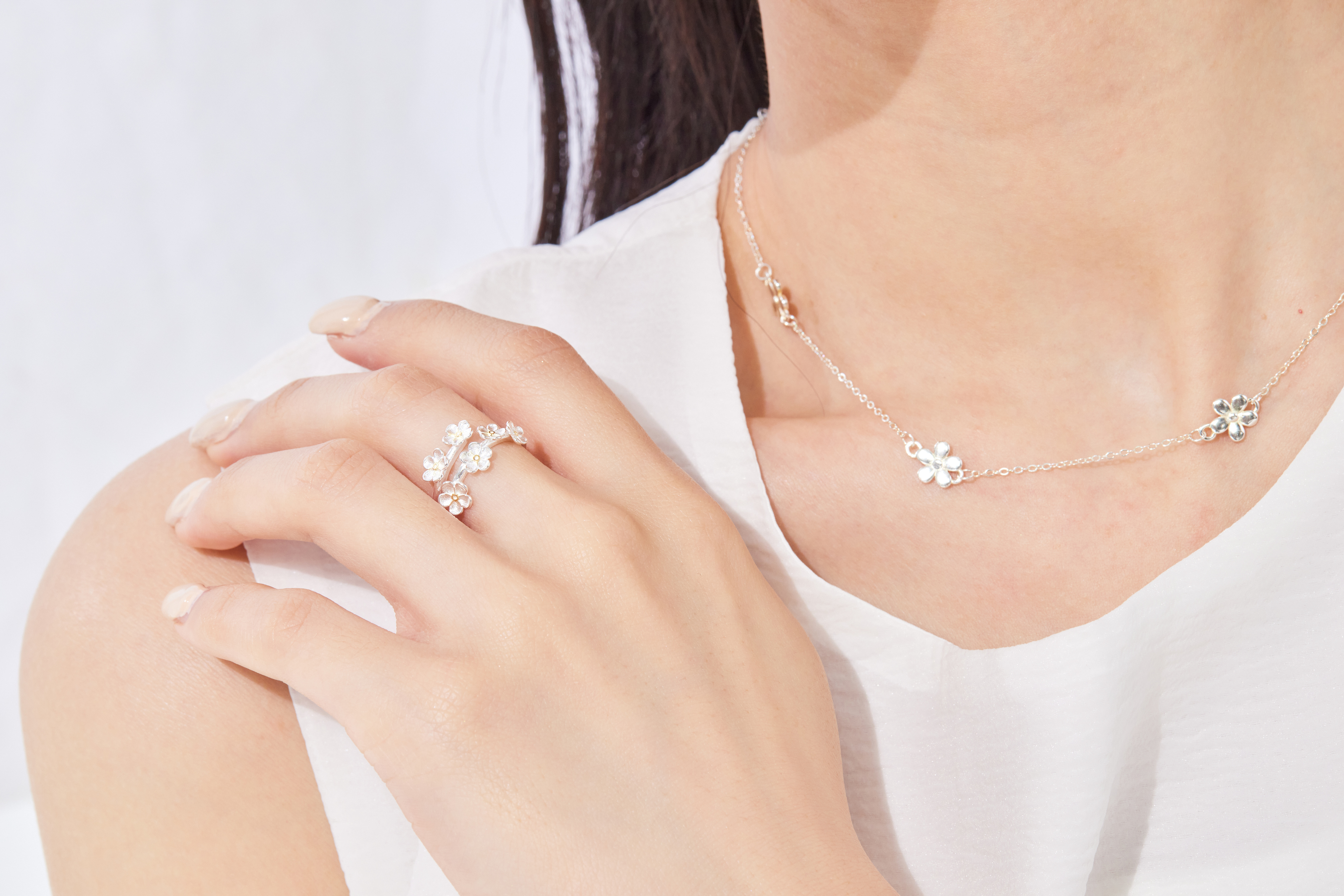 模特頸部特寫，小花項鍊貼合肌膚，精緻花朵閃耀溫柔光芒。