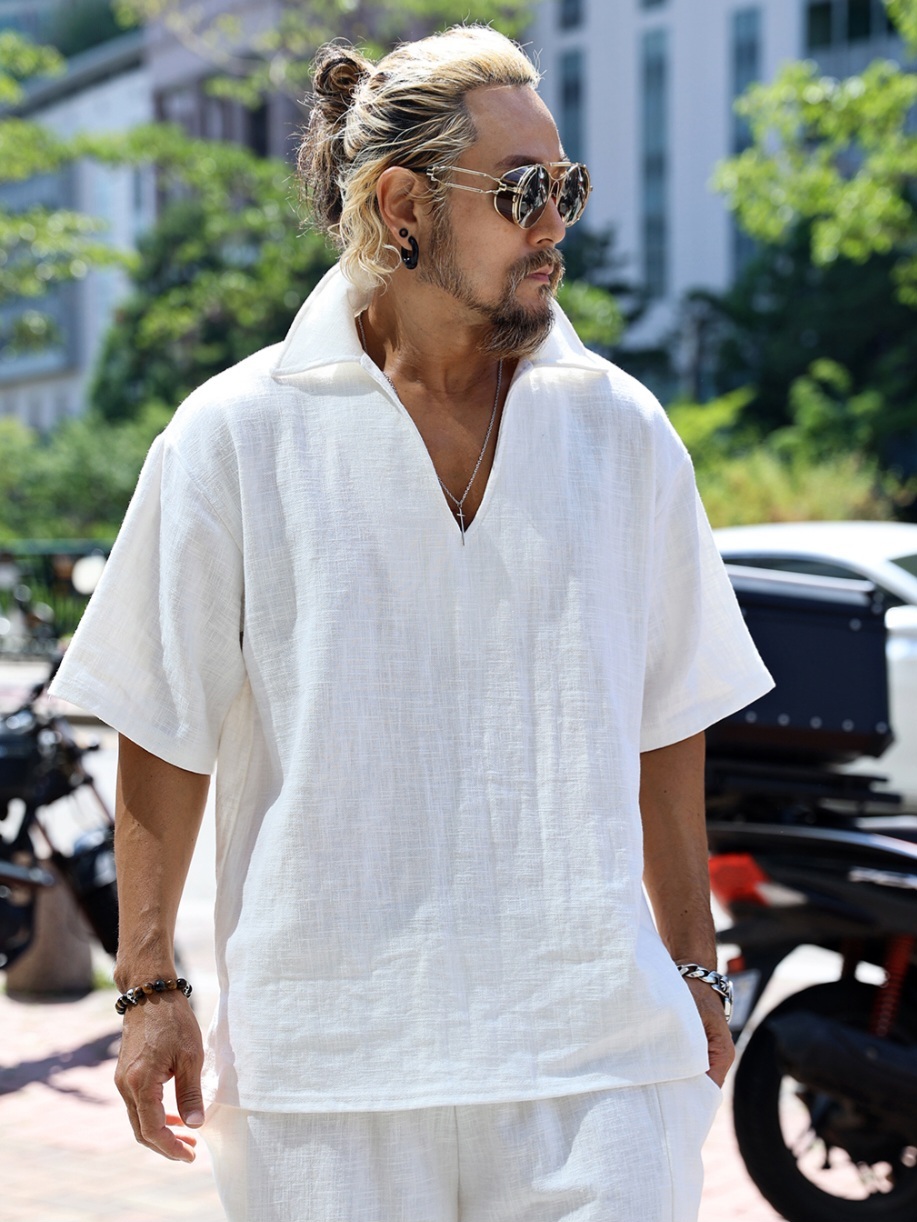 Real Savage亞麻80% V領拉米短袖襯衫