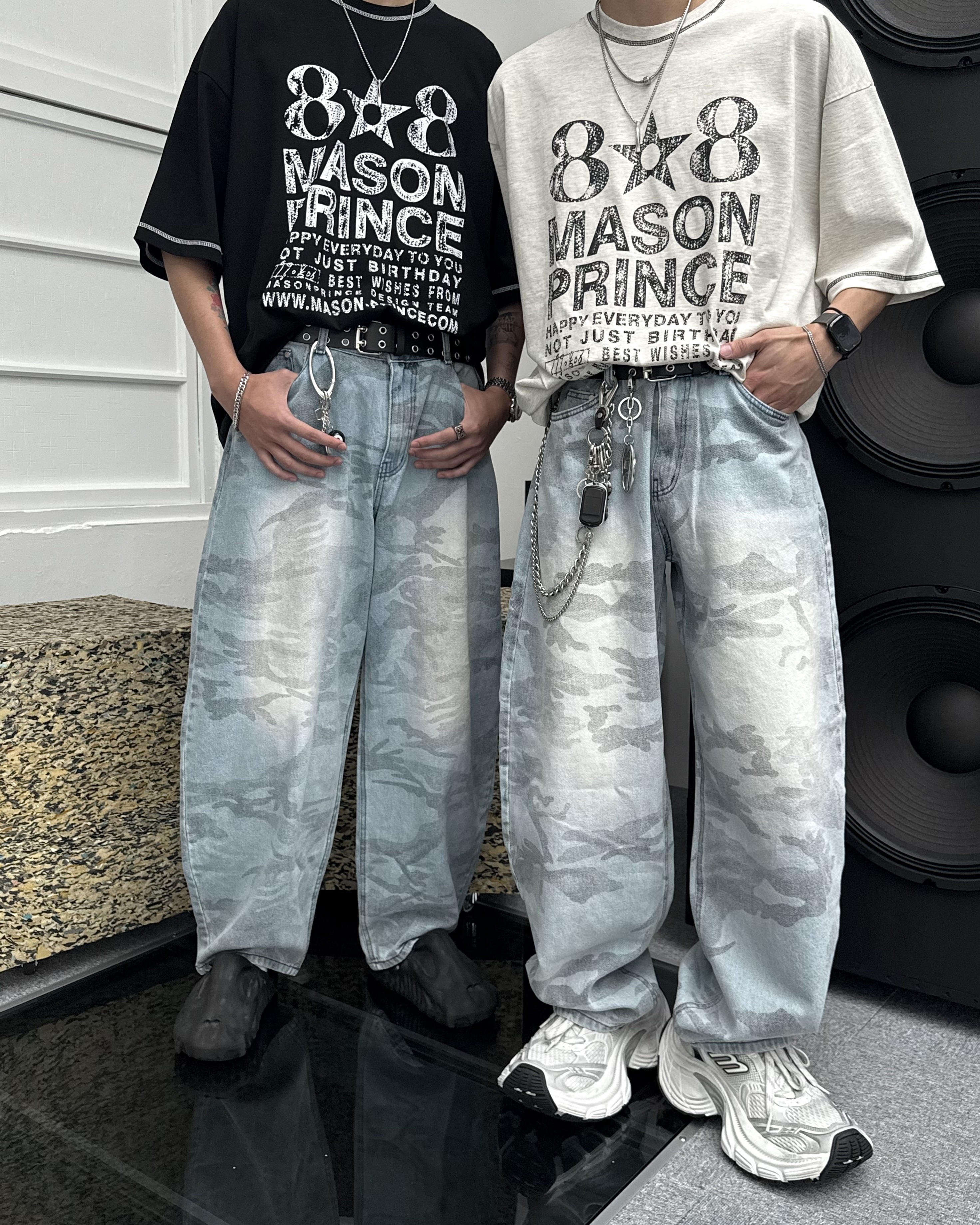 𝐇·𝐓·𝐒 韓國 海軍陸戰 水波紋 淺藍迷彩 微彎刀 錐型 落地 牛仔長褲