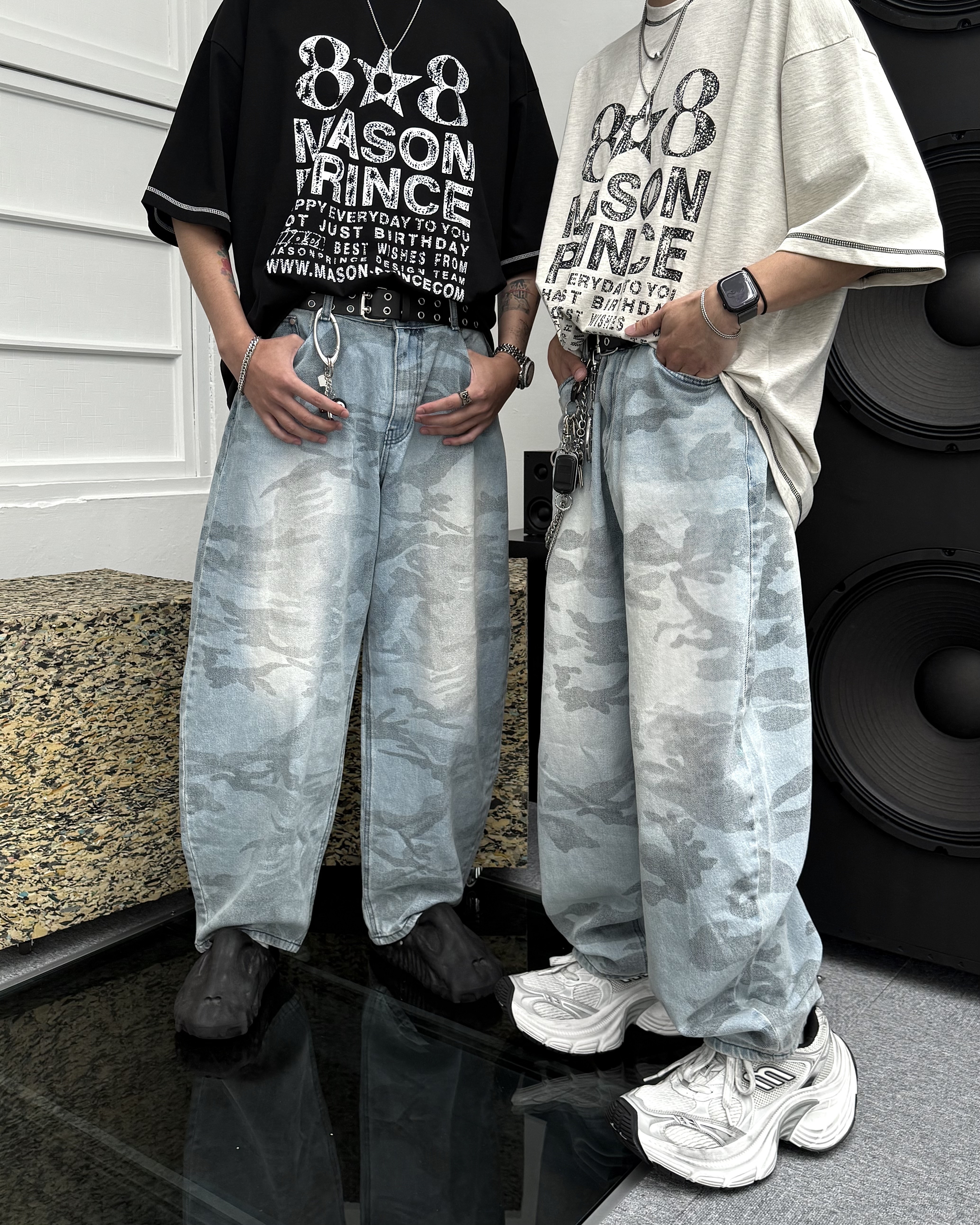 𝐇·𝐓·𝐒 韓國 海軍陸戰 水波紋 淺藍迷彩 微彎刀 錐型 落地 牛仔長褲