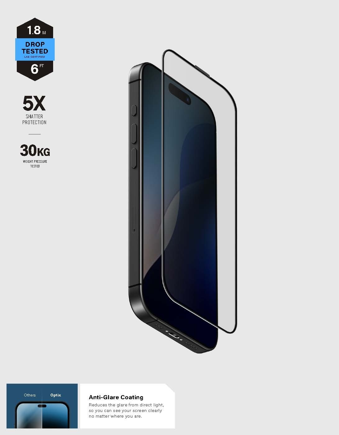 UNIQ-OPTIX Anti Reflective iPhone 16 防反光黑邊 9H 抗破碎耐防刮防指紋玻璃螢幕保護貼