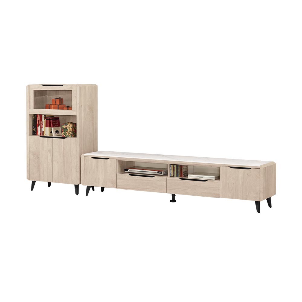 波恩9尺L型岩板電視櫃組合(2.3尺展示櫃+6.7尺長櫃)