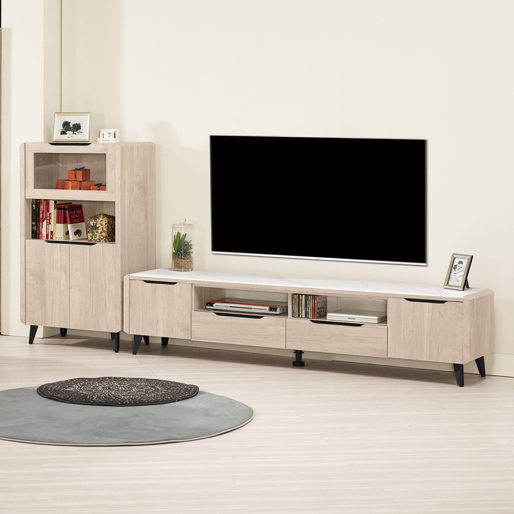 波恩9尺L型岩板電視櫃組合(2.3尺展示櫃+6.7尺長櫃)