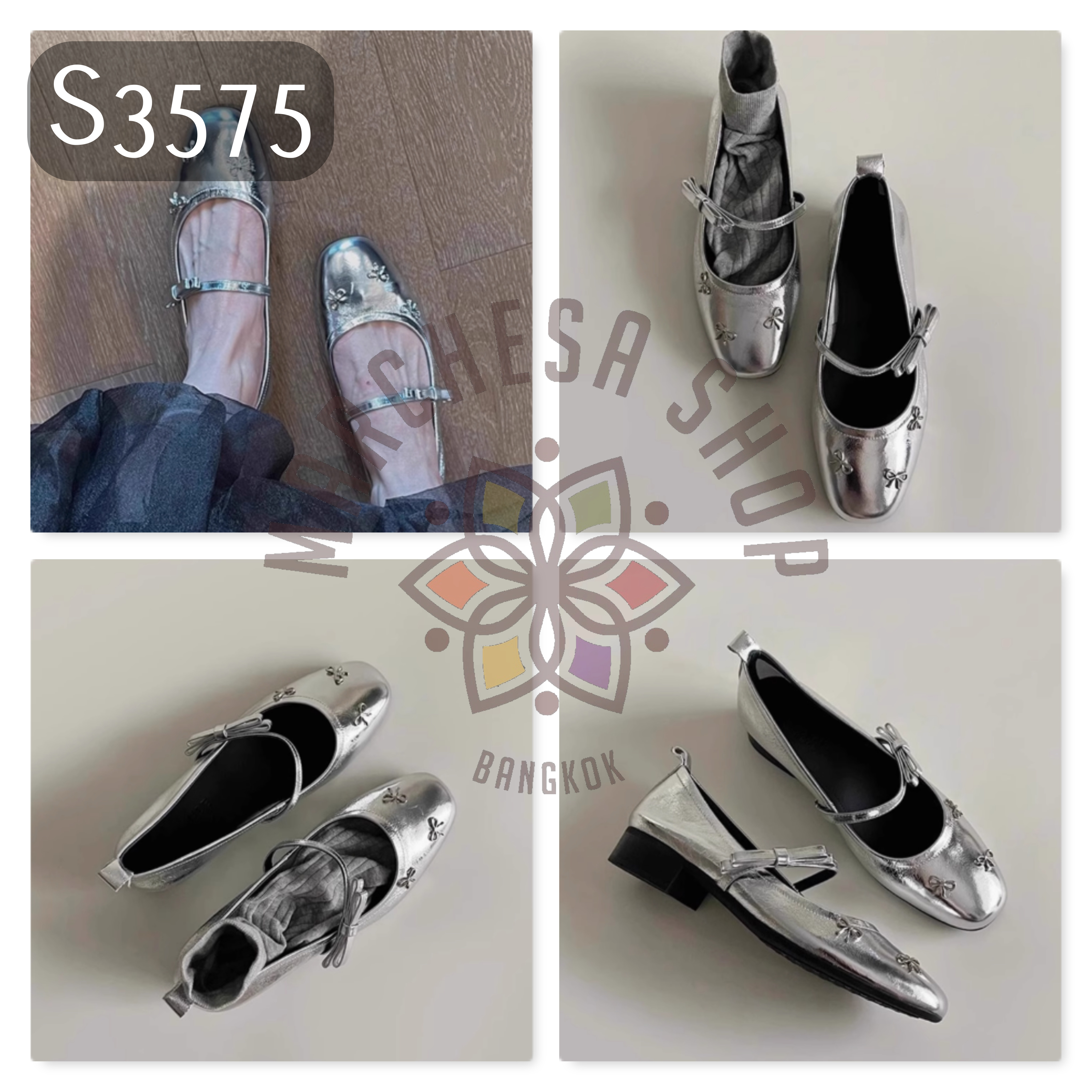 S3575 - 頭層羊皮小蝴蝶結扣帶圓頭低踭鞋