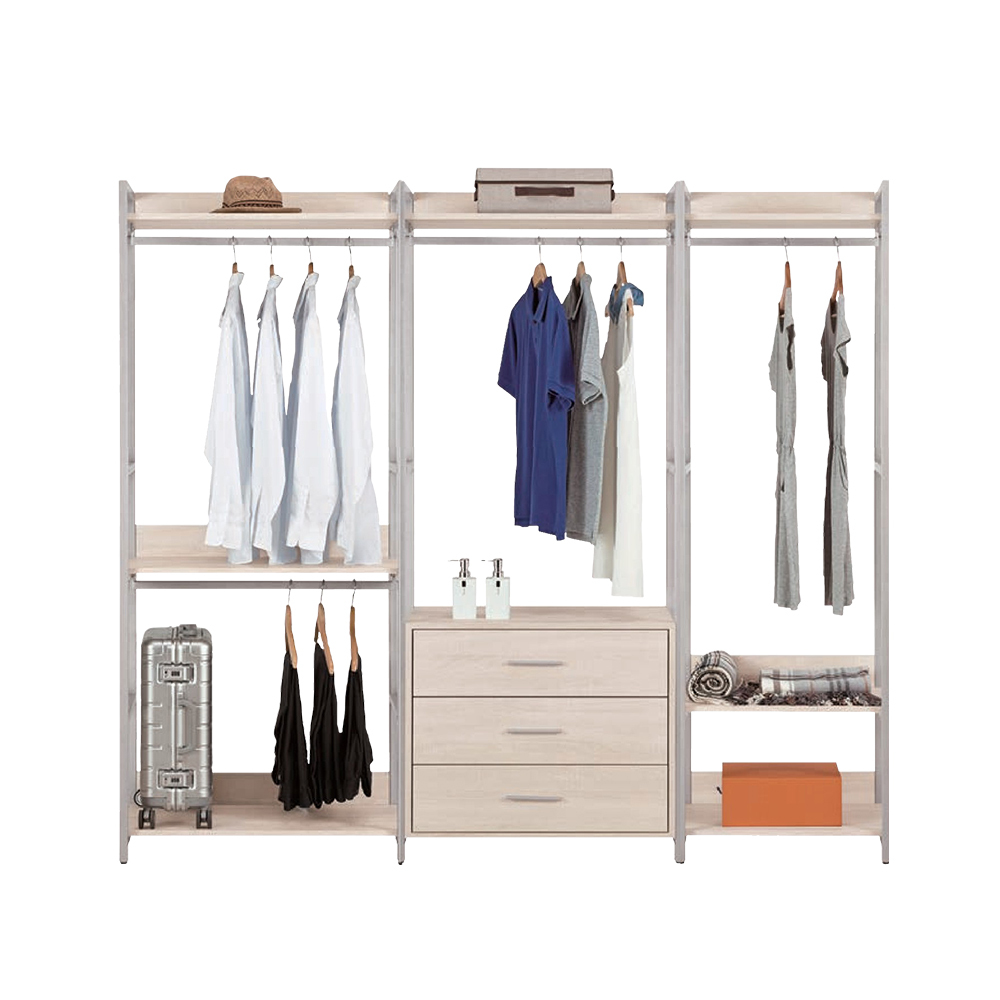 柯西7.3尺多功能開放式收納組合衣櫃(2.7尺雙吊桿+2.7尺三抽+2尺單吊桿)