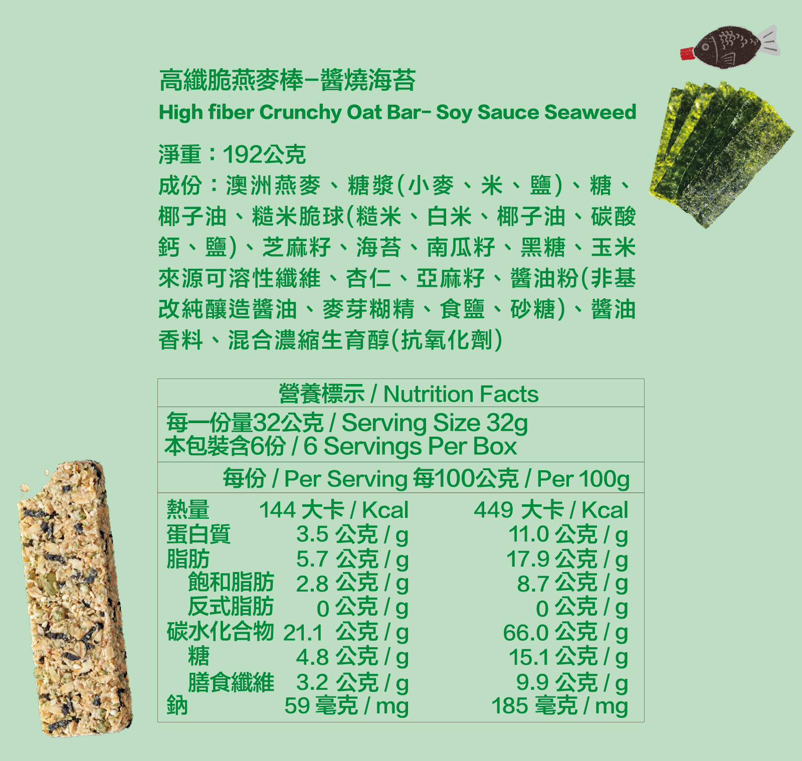 醬燒海苔高纖脆燕麥棒，全成分及營養標示
