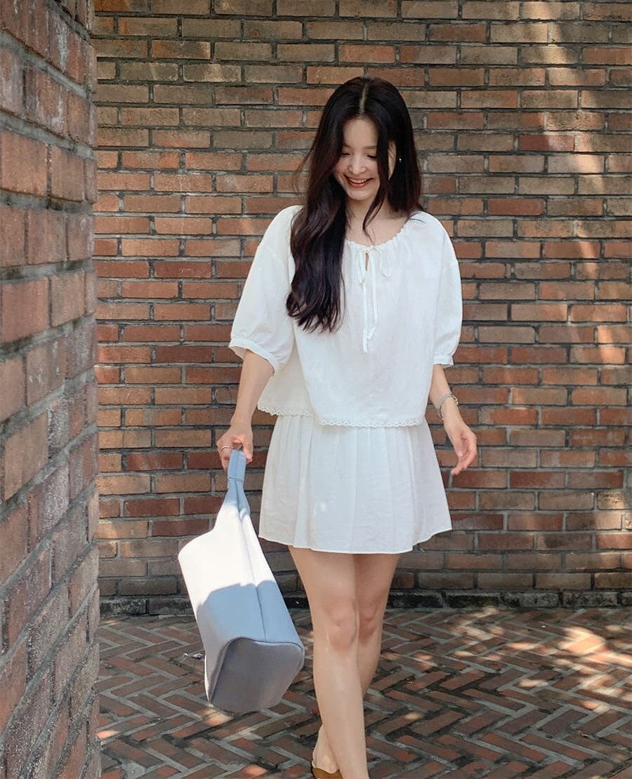 韓國Cherrykoko授權 首爾清晨綁結亞麻小蕾絲上衣