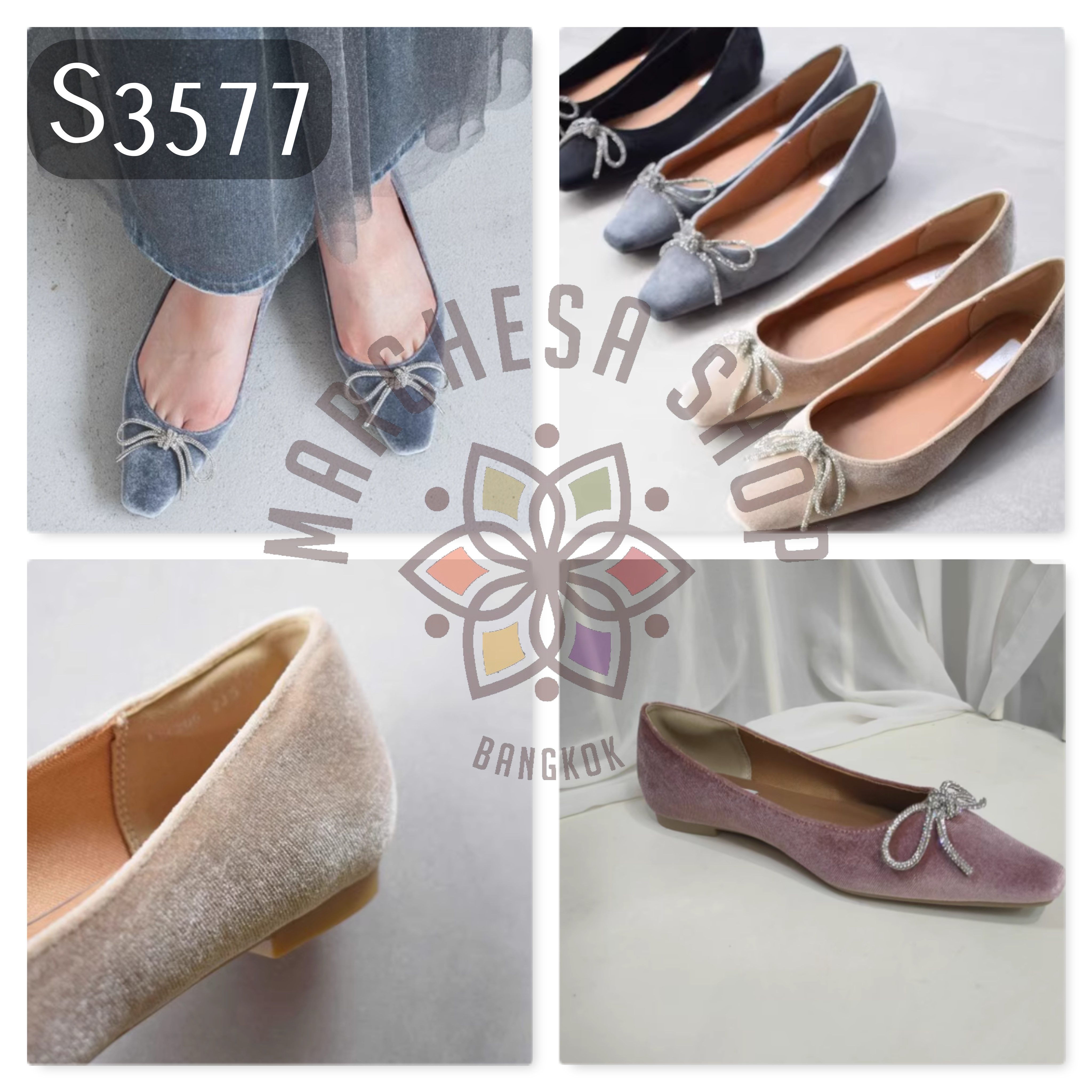 S3577 - 頭層小羊皮冰絲絨蝴蝶結方頭平底鞋