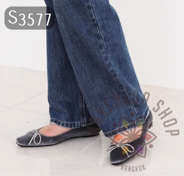 S3577 - 頭層小羊皮冰絲絨蝴蝶結方頭平底鞋