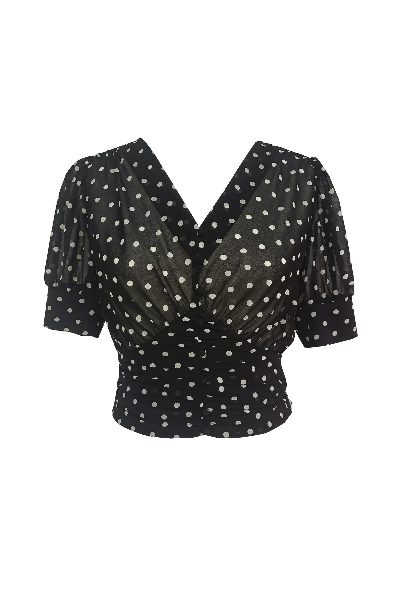 BE10170A1 點點V領雪紡短版縮腰上衣