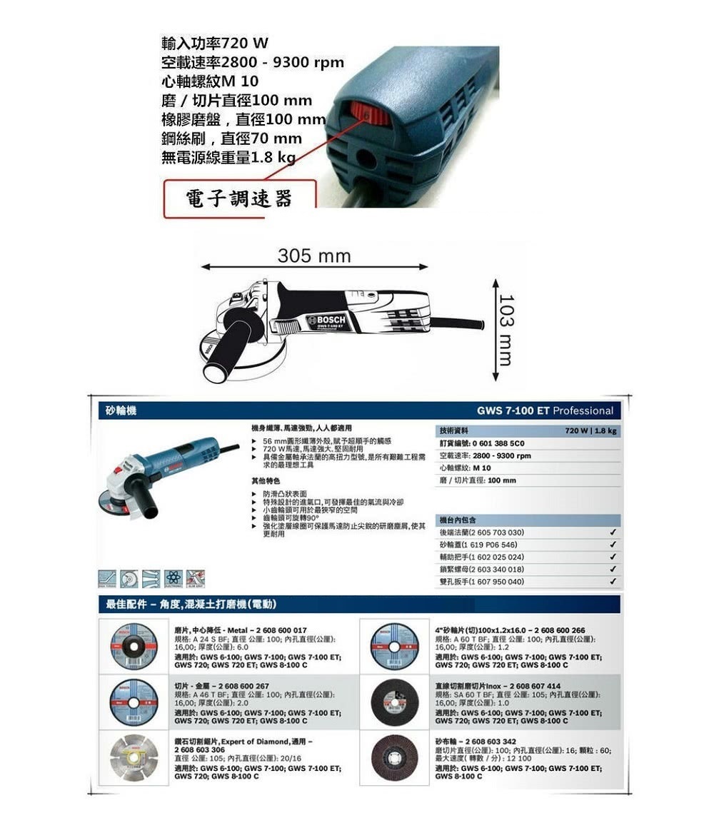 BOSCH平面砂輪機4" 可調速 GWS 7-100 ET