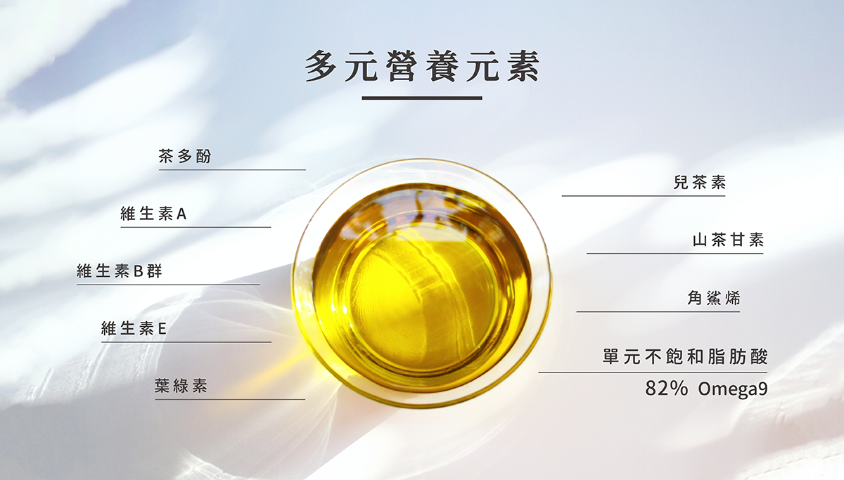 多元營養元素:82%單元不飽和脂肪酸、兒茶素、山茶甘素、角鯊烯、茶多酚、維生素A、維生素B群、維生素E、葉綠素