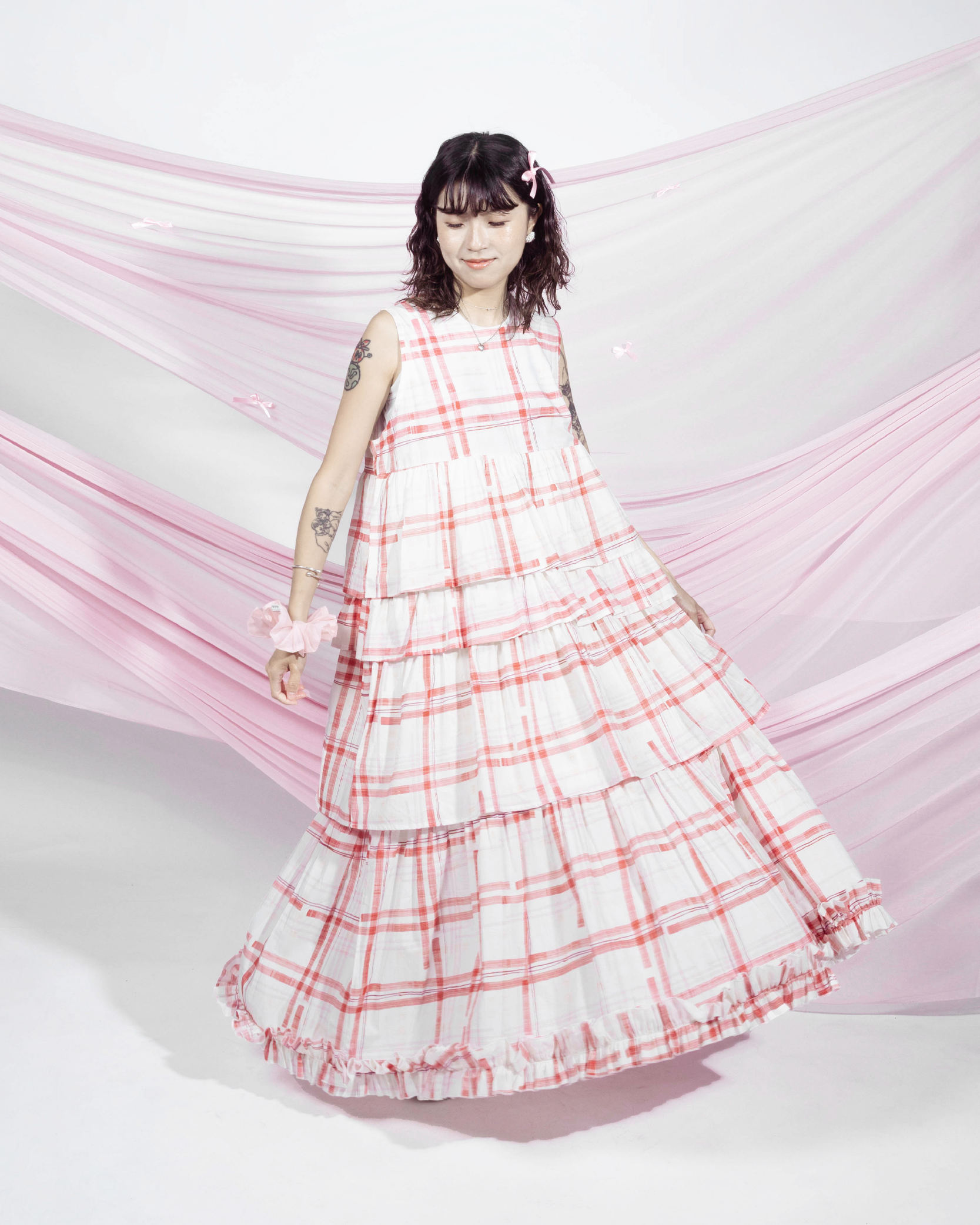 【 Kiki.co made 】 Checked Tiered Dress - Red