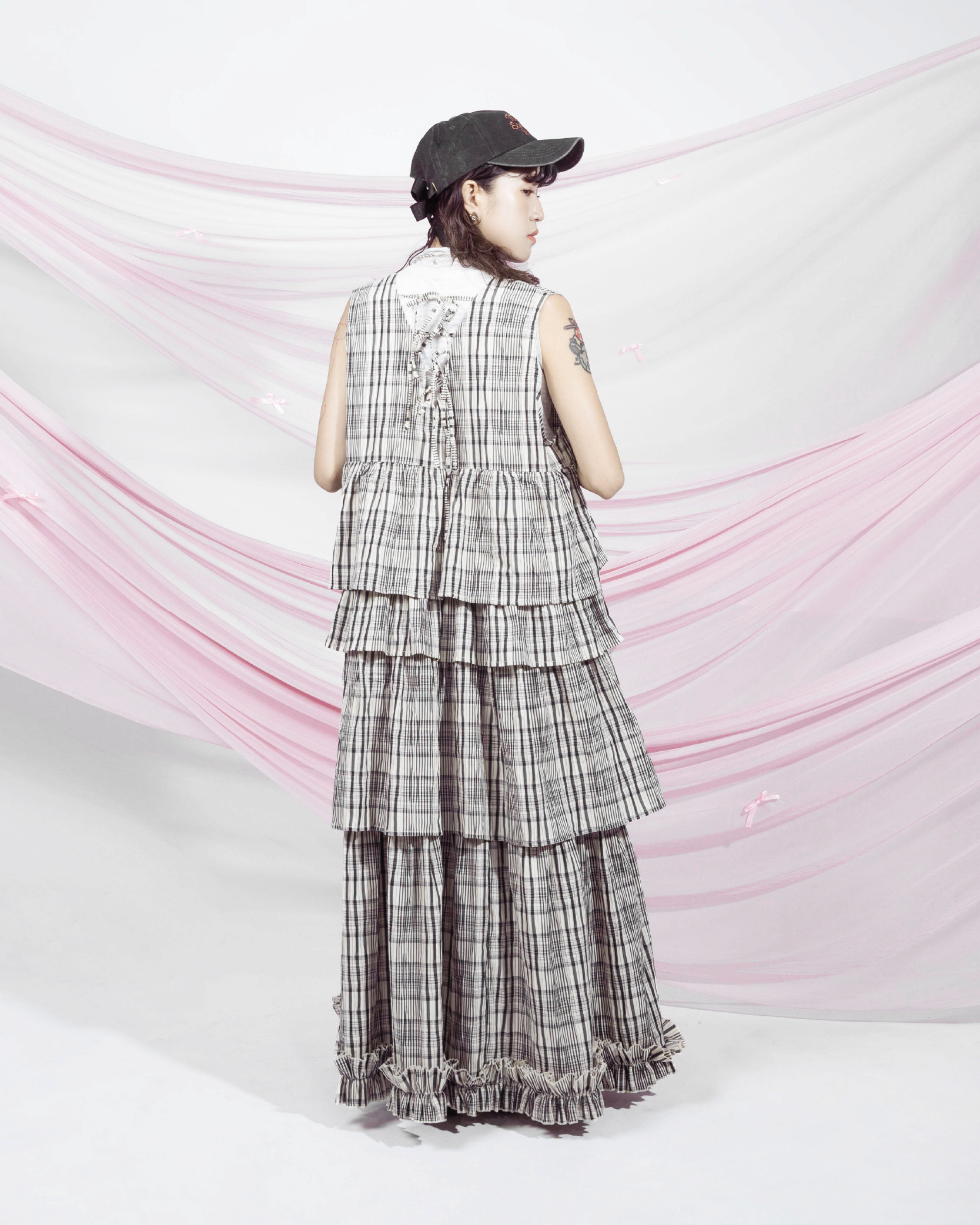 【 Kiki.co made 】 Checked Tiered Dress - Black