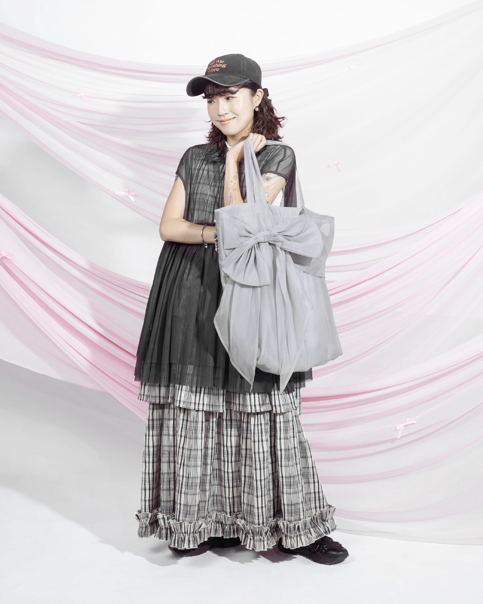 【 Kiki.co made 】 Mesh Ribbon Tote Bag With Scrunchie - Grey