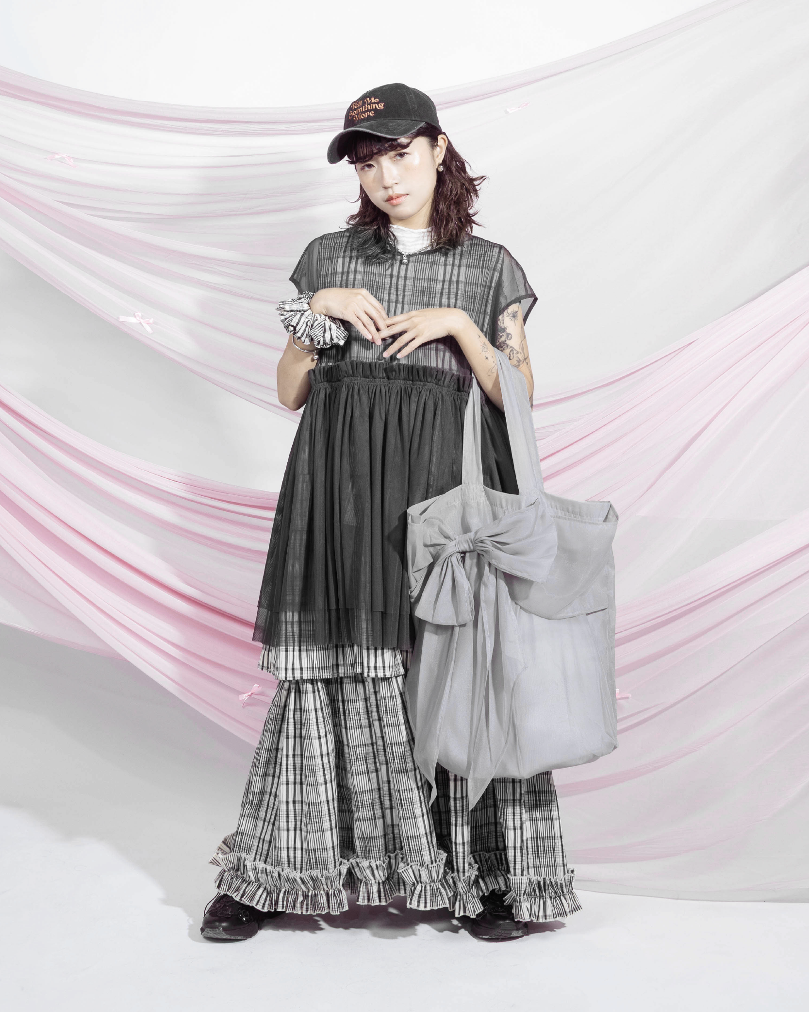 【 Kiki.co made 】 Mesh Ribbon Tote Bag With Scrunchie - Grey