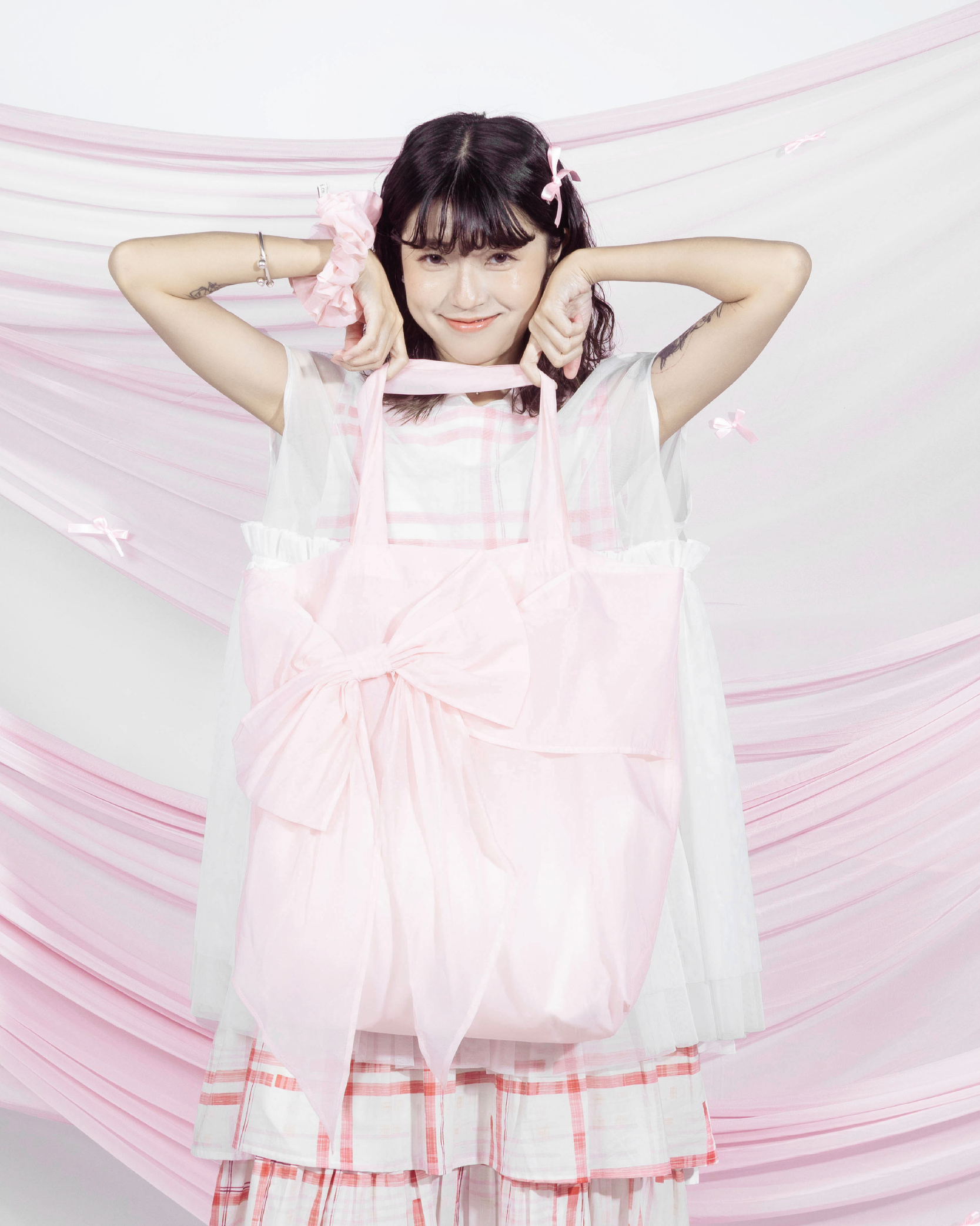 【 Kiki.co made 】 Mesh Ribbon Tote Bag With Scrunchie - Pink