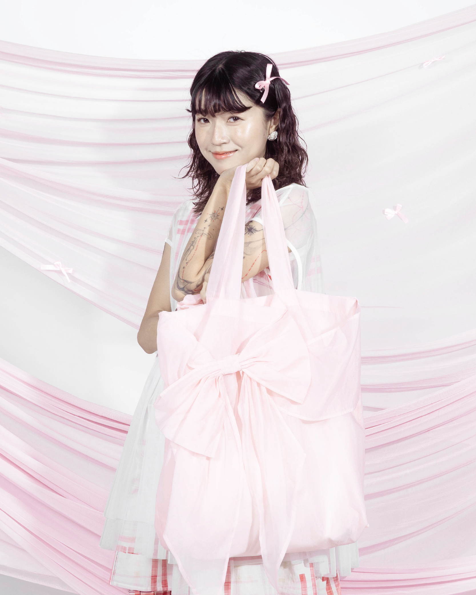 【 Kiki.co made 】 Mesh Ribbon Tote Bag With Scrunchie - Pink