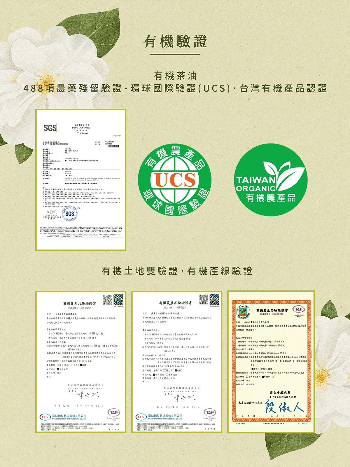 有機證明:通過488項農藥殘留驗證、環球國際驗證(USC)、台灣有機產品驗證、有機土地雙驗證、有機產線驗證