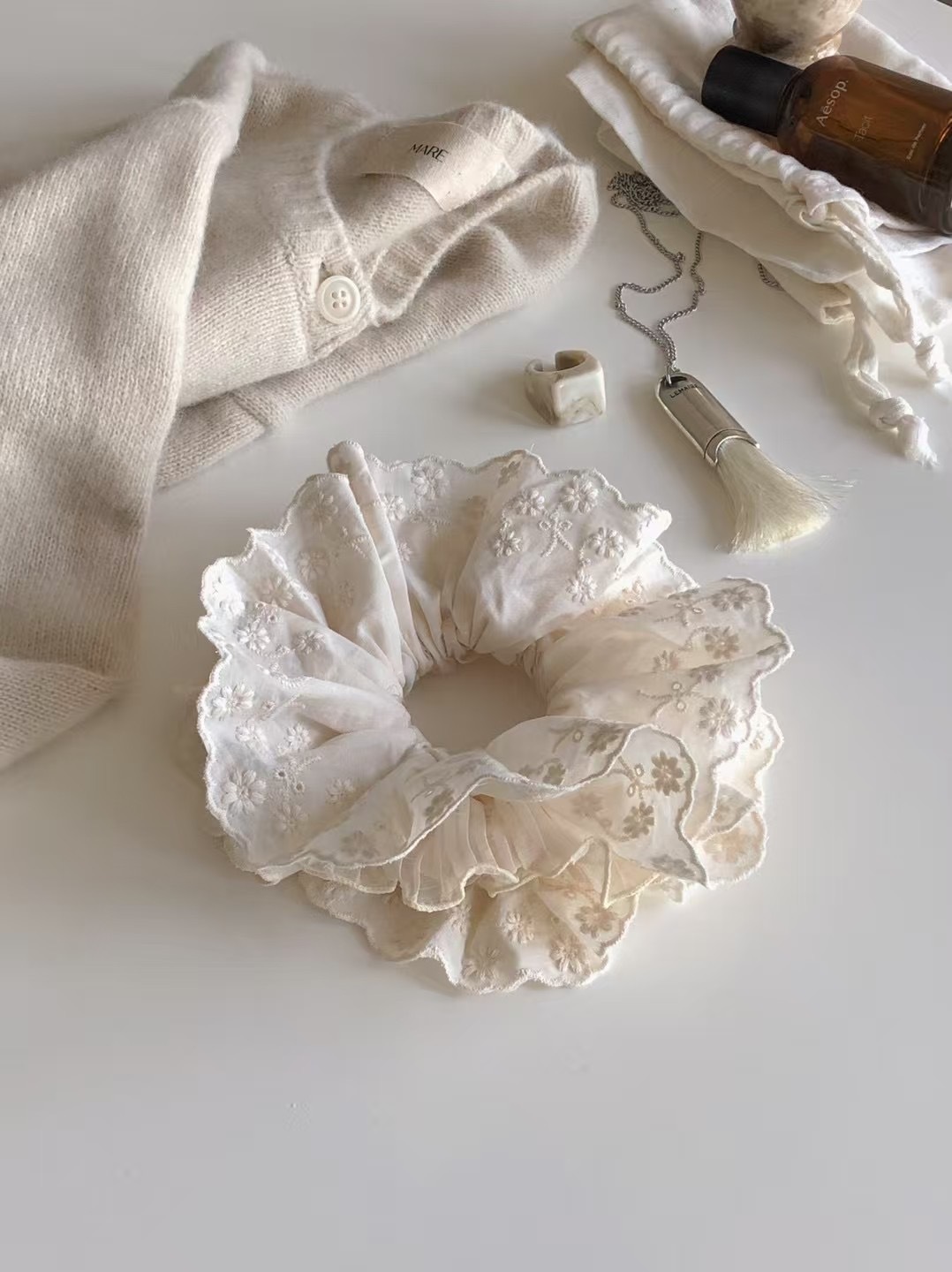 #228DN030 French Double layer lace hair scrunchie