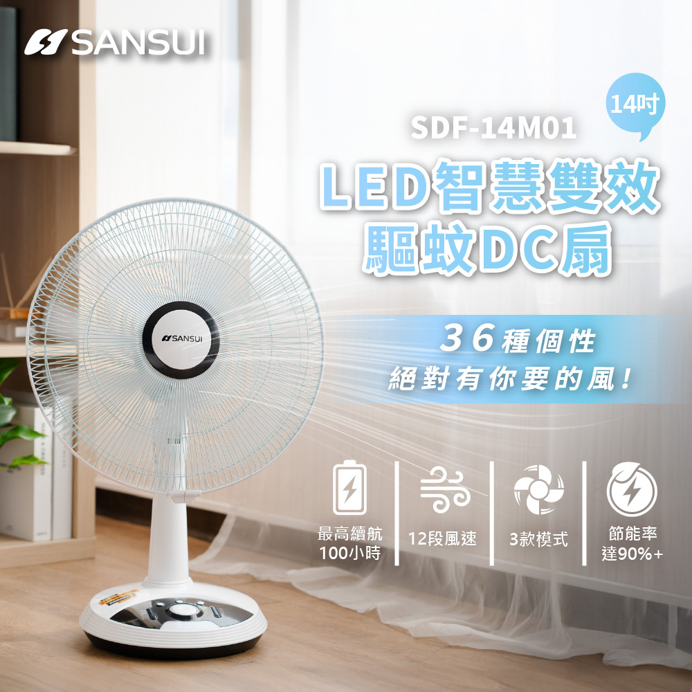【SANSUI山水】14吋充電式驅蚊DC電風扇 SDF-14M01
