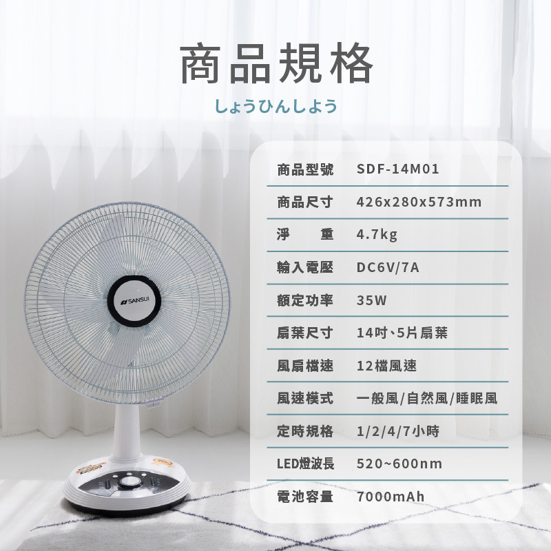 【SANSUI山水】14吋充電式驅蚊DC電風扇SDF-14M01