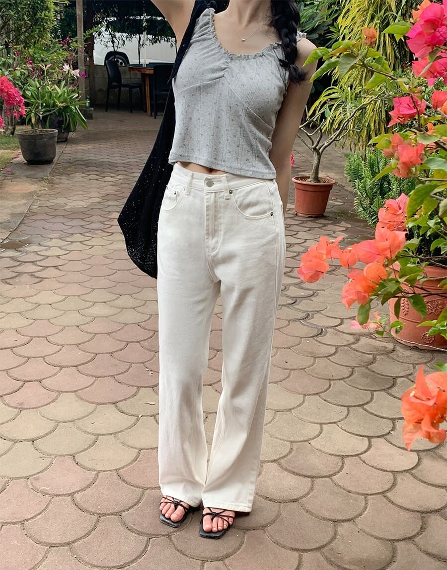 韓國Cherrykoko授權 時尚修身半寬版型純棉牛仔褲