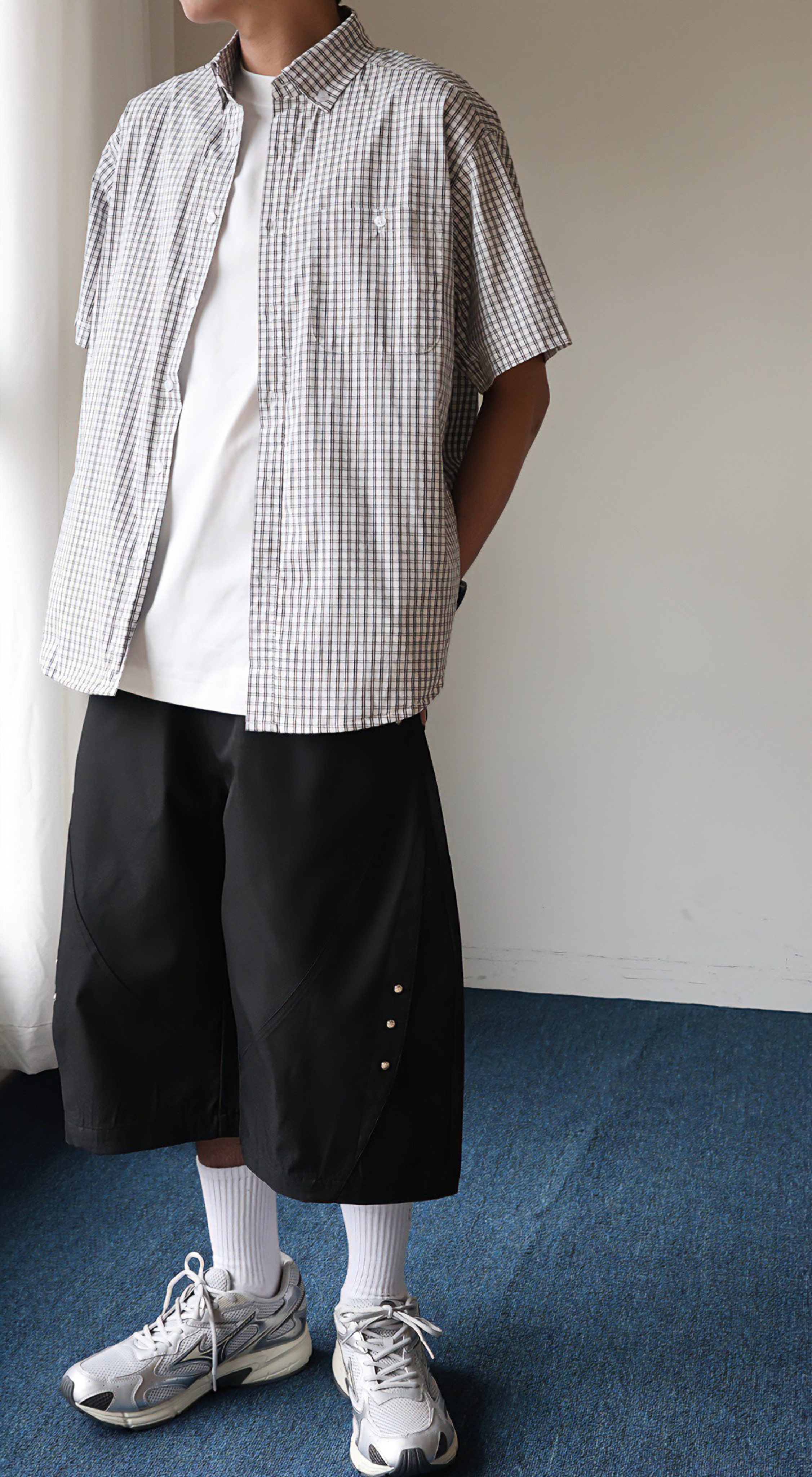 （現貨）P003 韓系 弧形線條 金屬扣拼接 七分褲