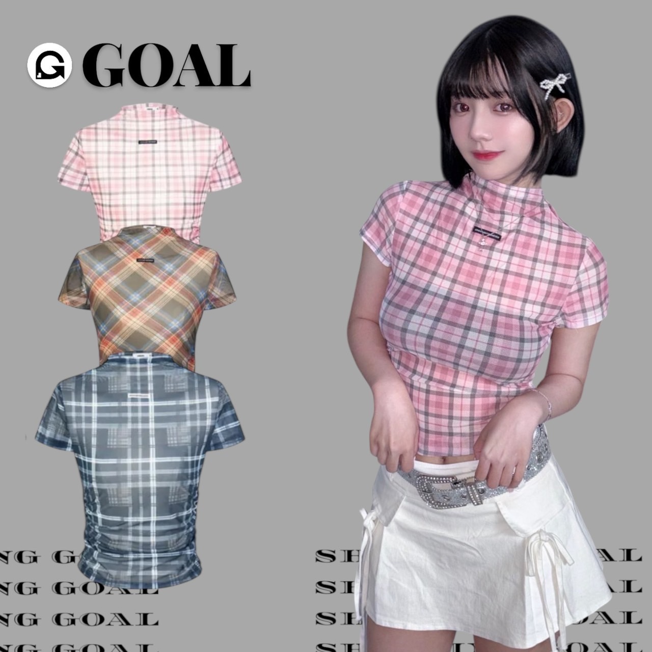 (GOAL) 復古格紋半透明小高領上衣 UNBD 047