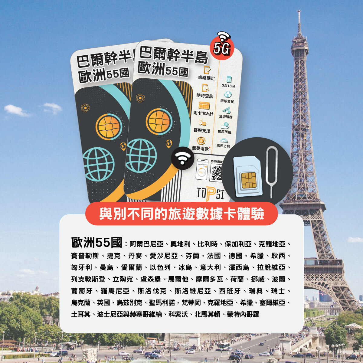 Topsi【歐洲 55 國＋巴爾幹】5G 無限數據卡