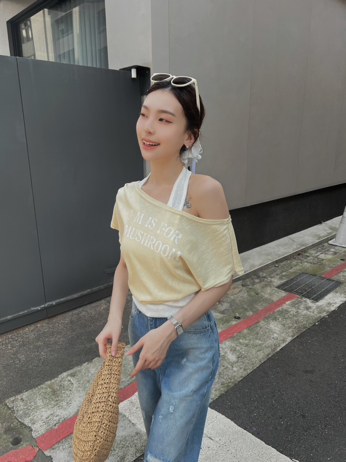 假兩件掛勃斜肩上衣/三色