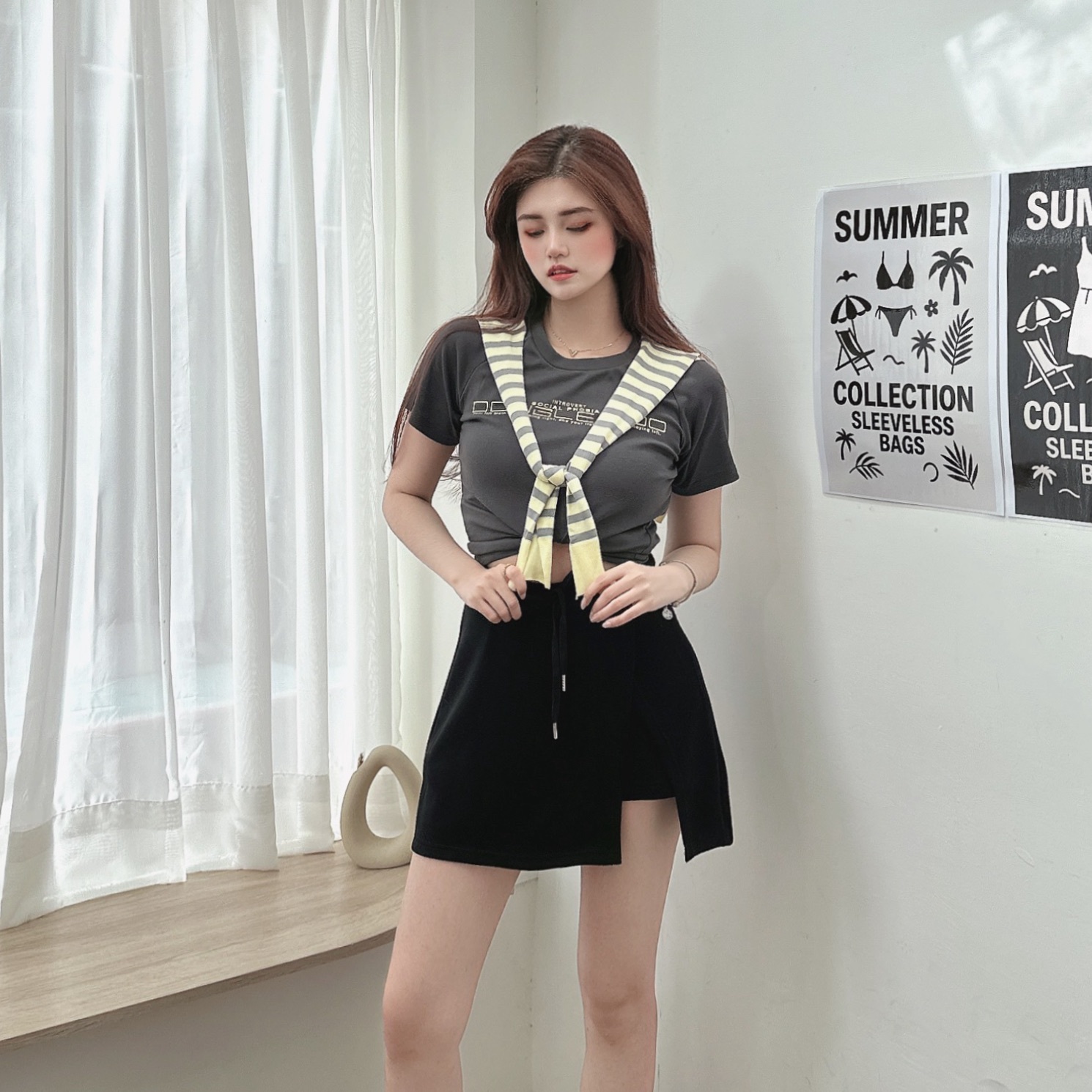 撞色披肩棉質短TEE/二色