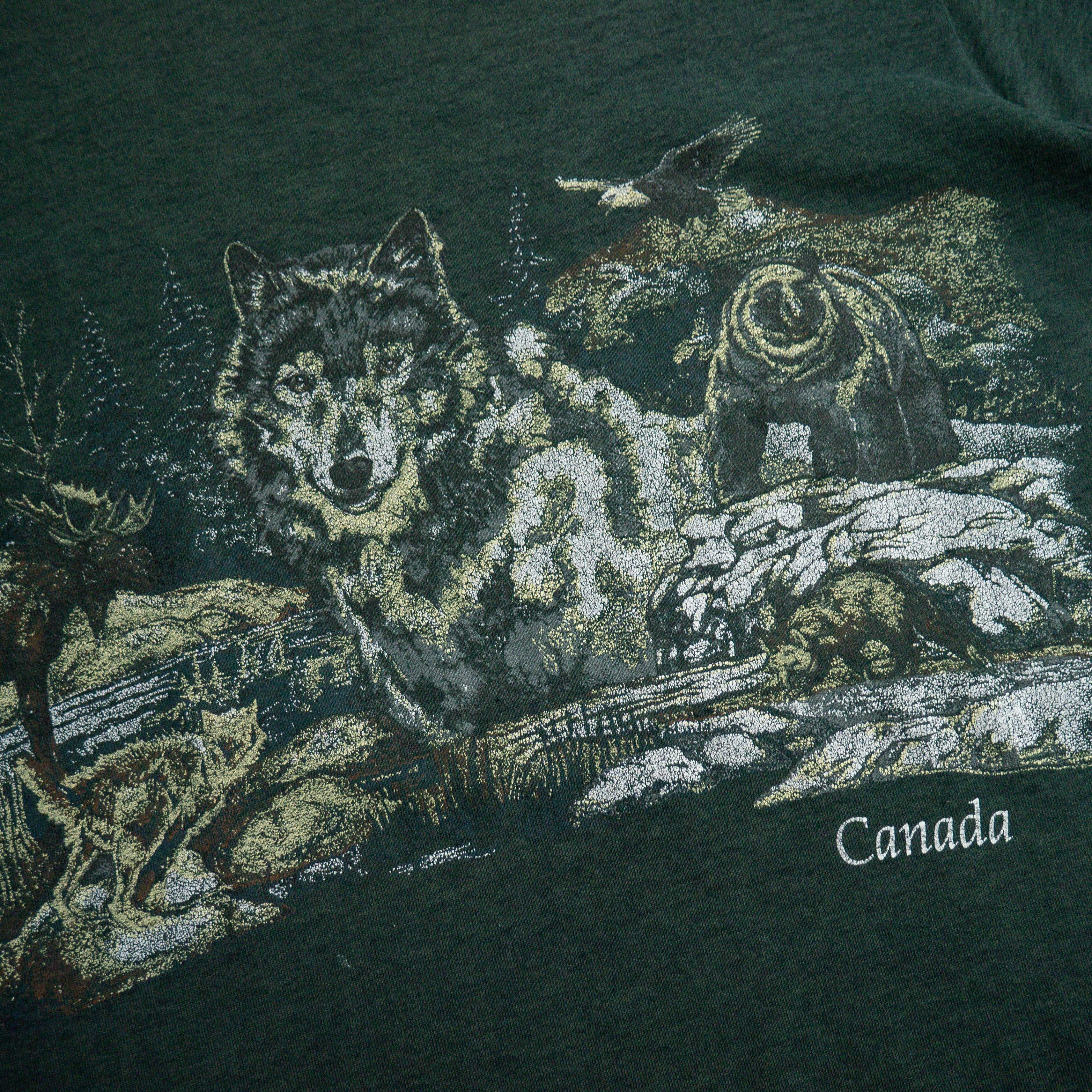 80-90s VINTAGE TEE 加拿大 動物 印刷 綠色 短袖 T恤