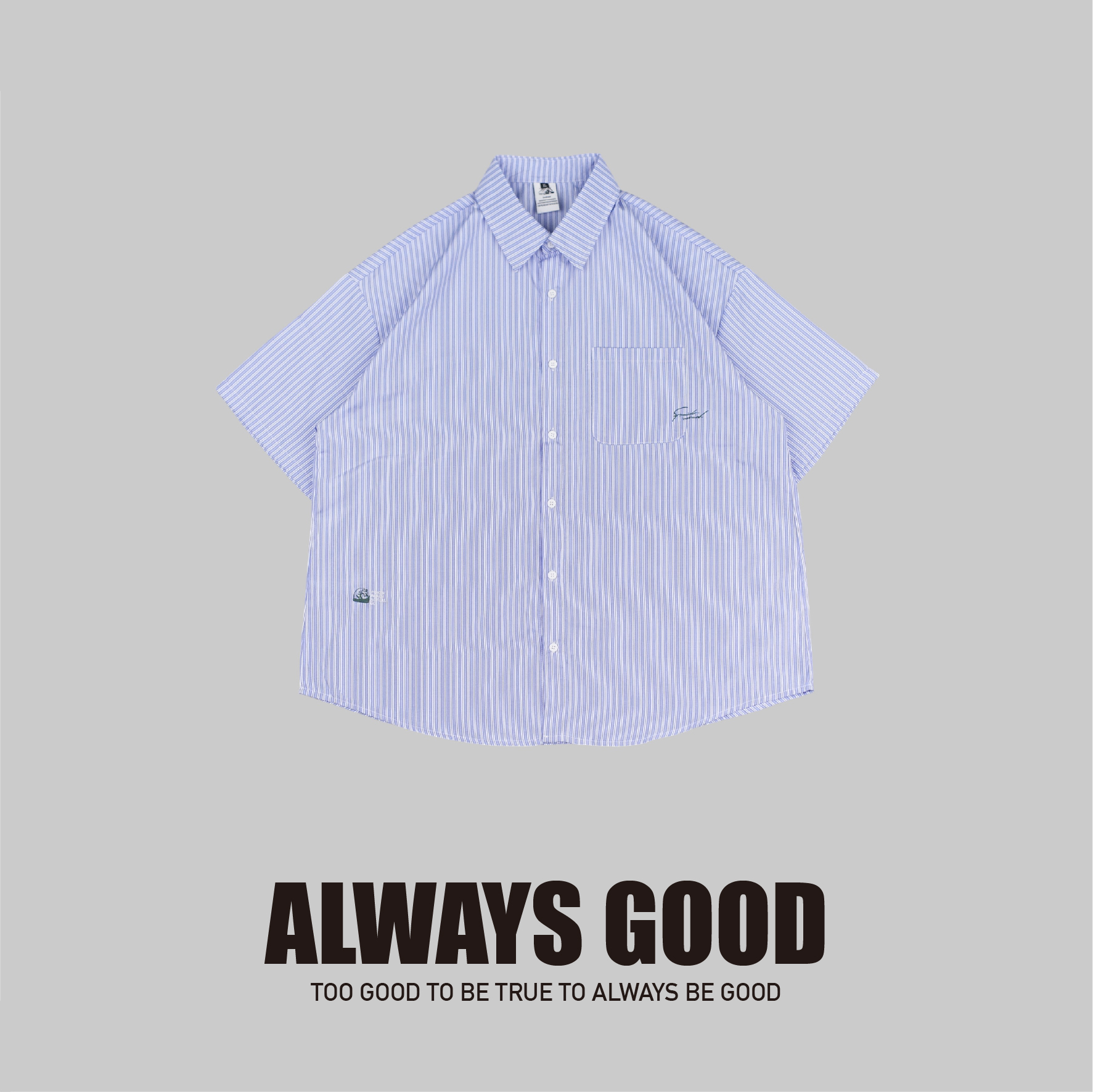 『Always_Good』日系 基礎款 刺繡 口袋 直條紋 短袖襯衫