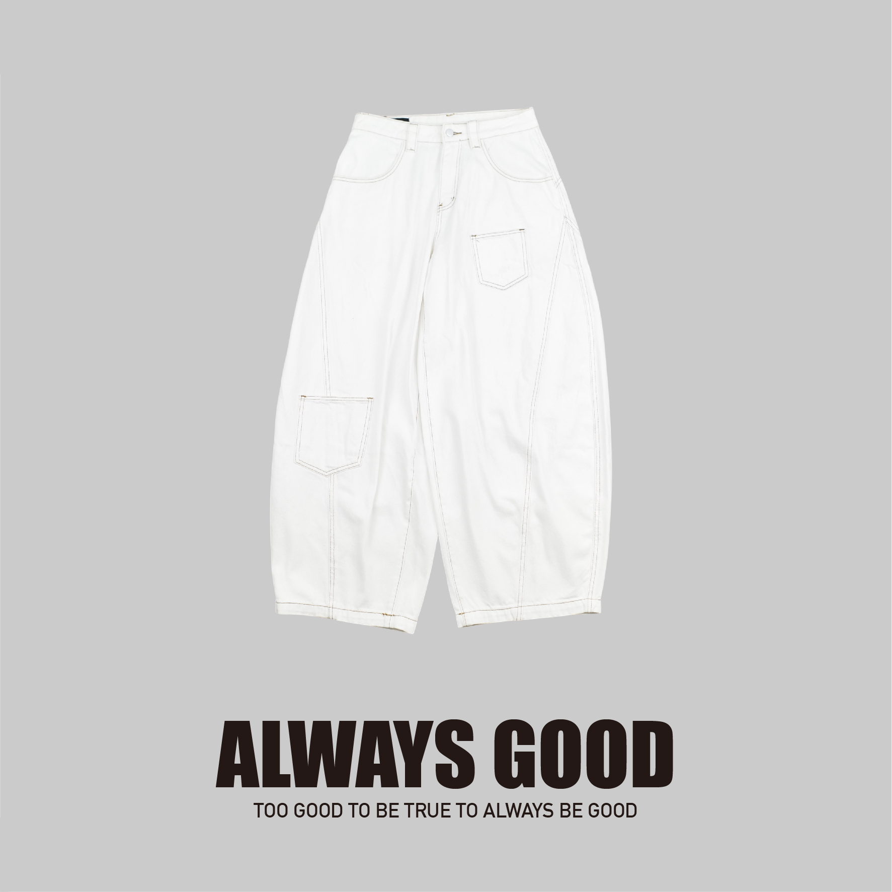『Always_Good』不規則拼接 明線 白色 彎刀 長褲