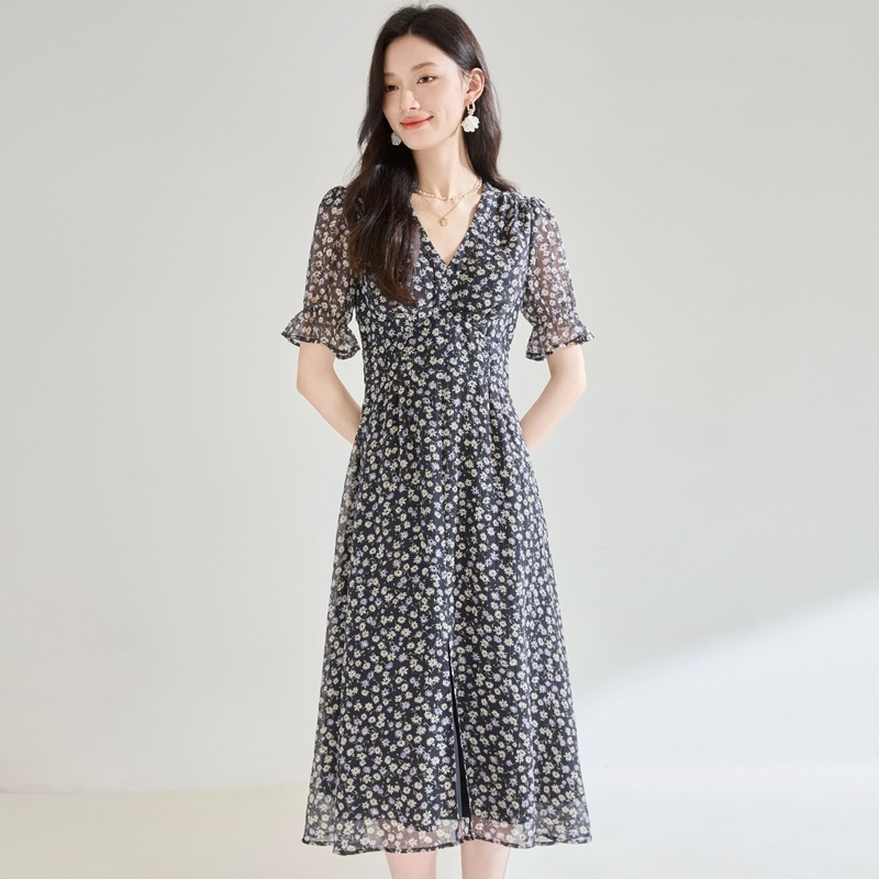 碎花雪紡洋裝 黑色