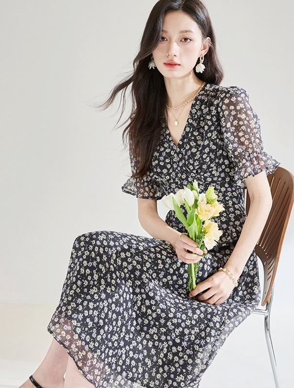 碎花雪紡洋裝 黑色