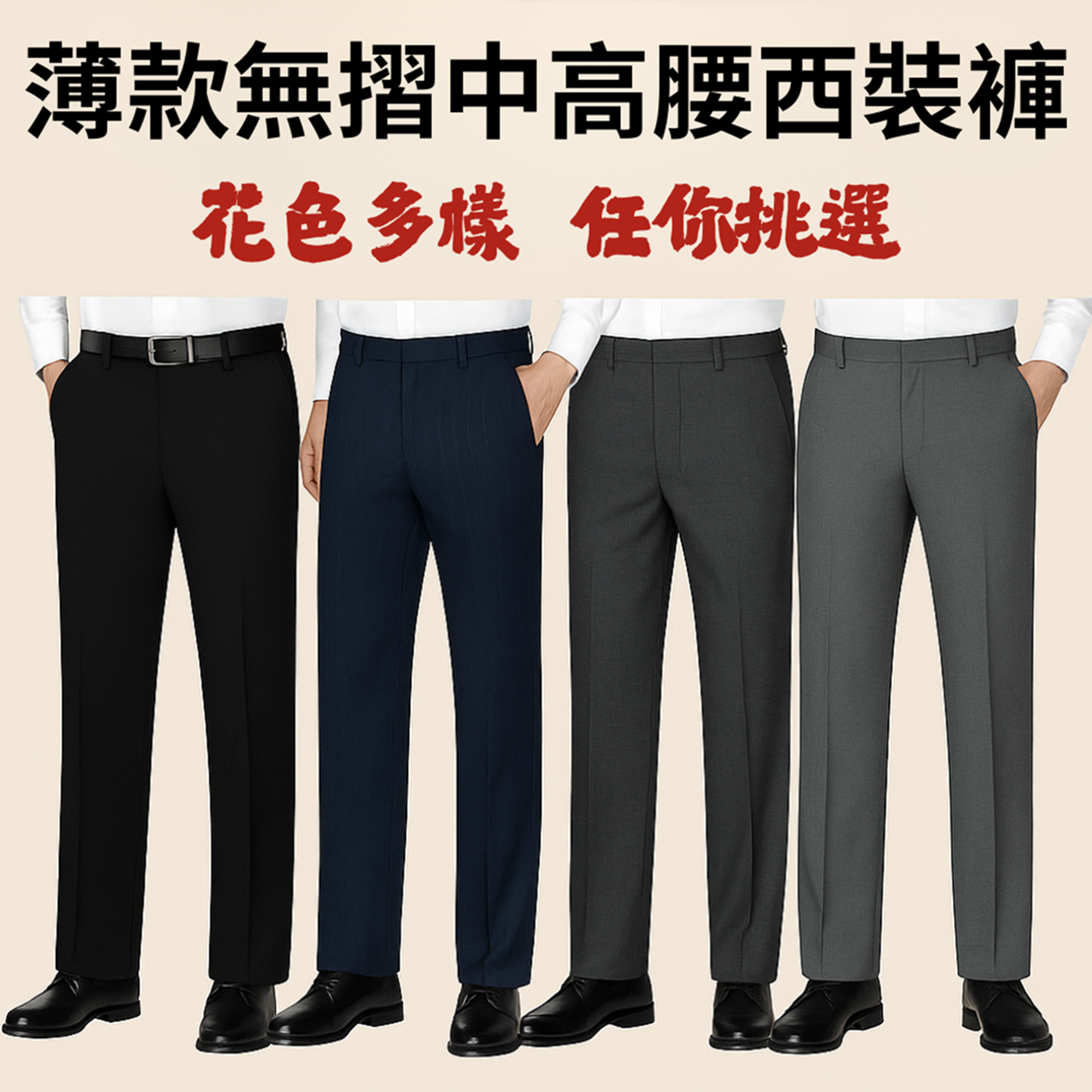 薄款無摺中高腰西裝褲