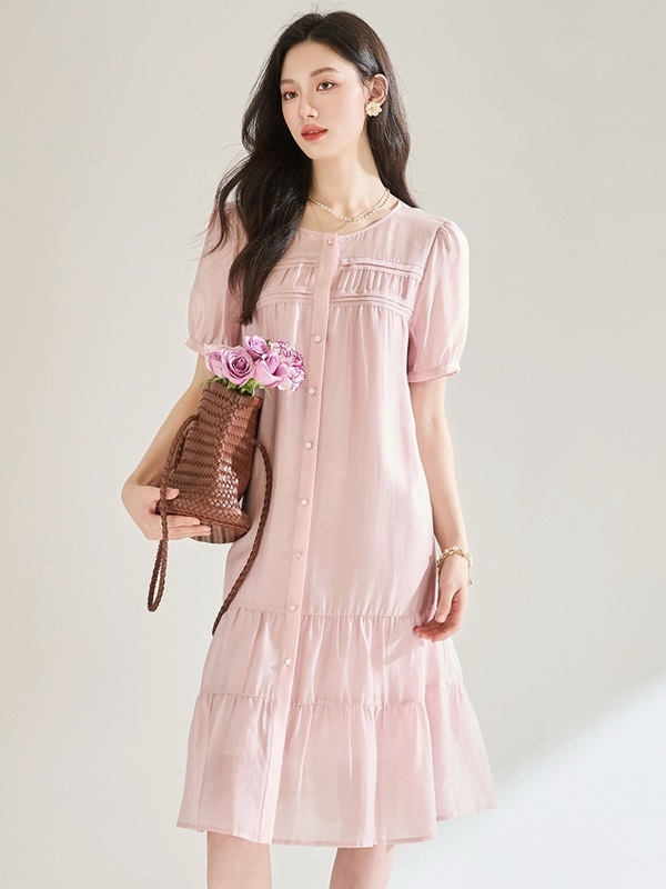 圓領抓褶天絲雪紡洋裝 粉色