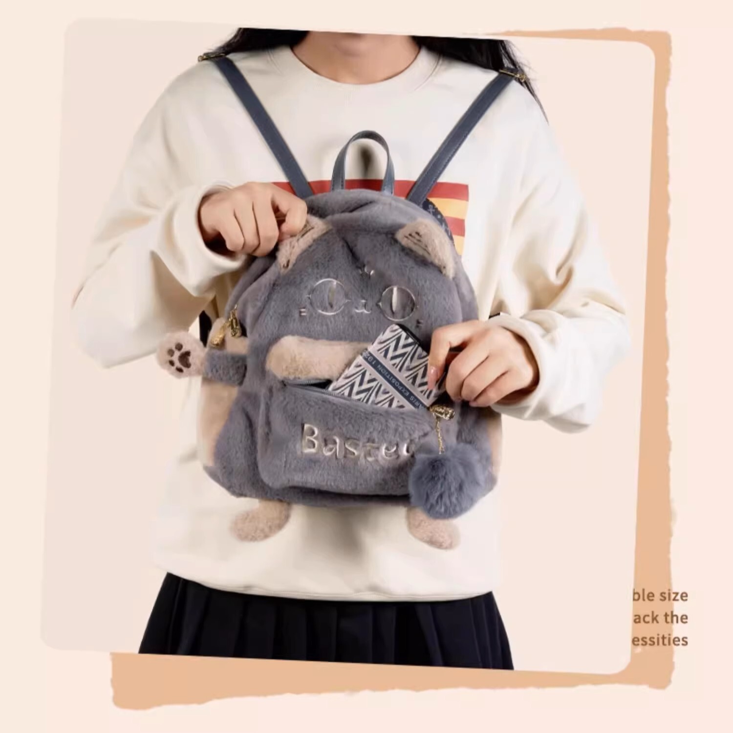 大英博物館｜安德森貓和她的朋友們系列｜萌貓可愛毛絨雙肩包-灰色