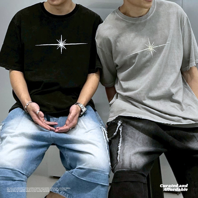 韓國破壞邊十字芒星水洗短TEE