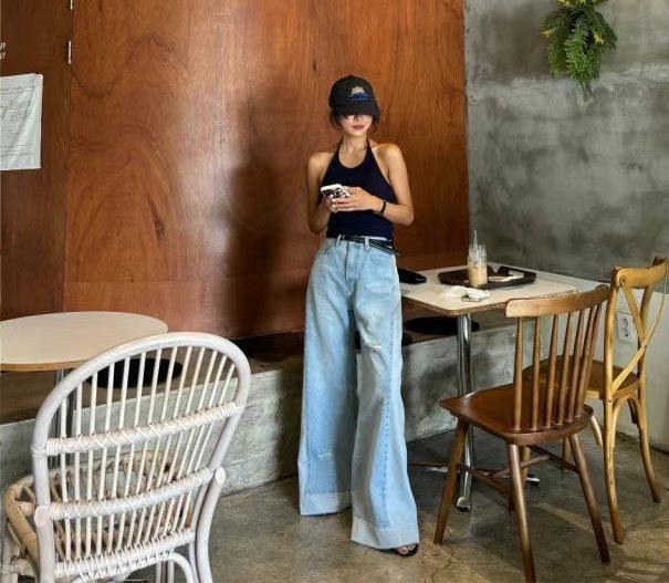 507081拚色寬管牛仔長褲 s號現貨