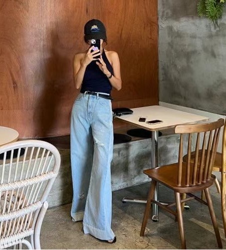 507081拚色寬管牛仔長褲 s號現貨