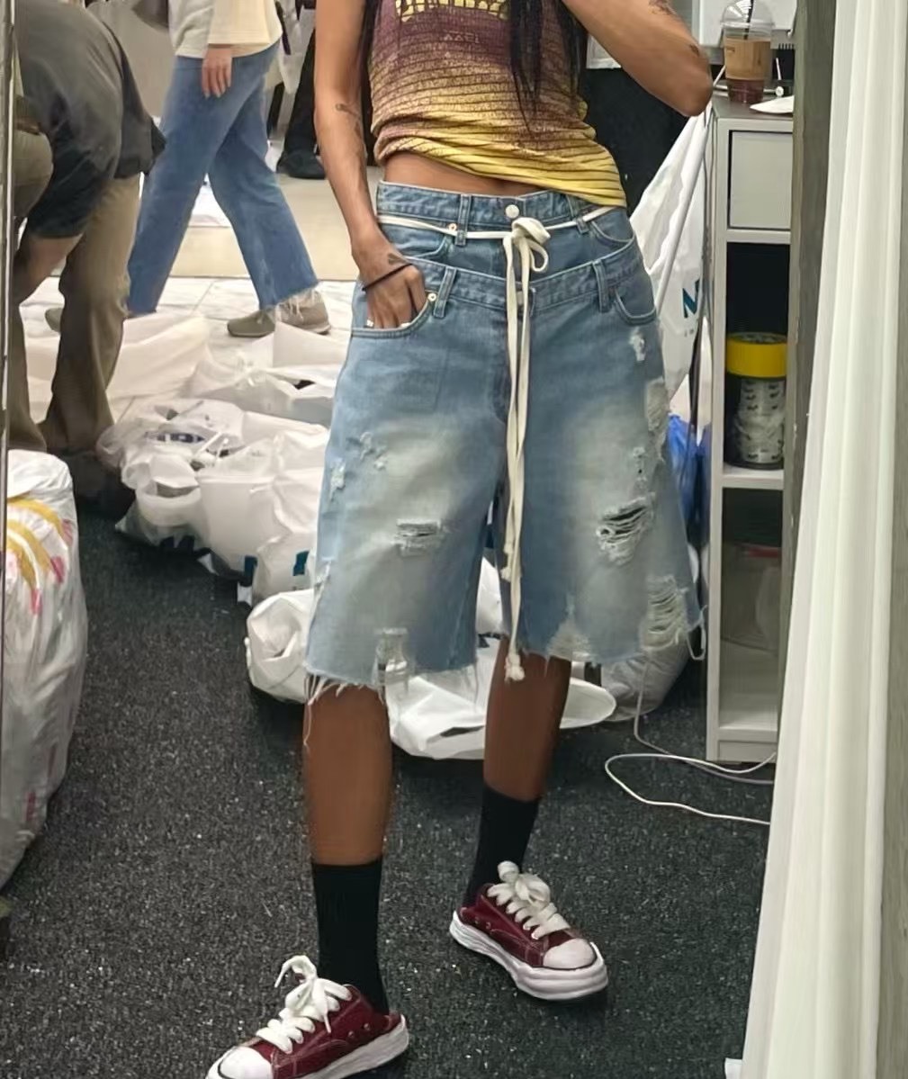 五分破壞感雙褲頭短褲