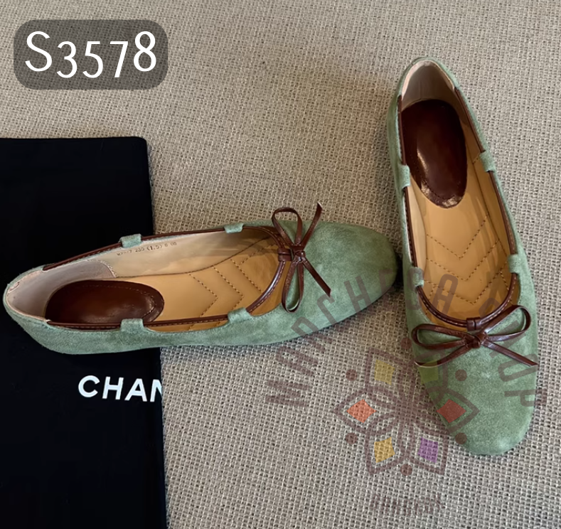 S3578 - 頭層羊猄皮蝴蝶結線圈圓頭平底鞋