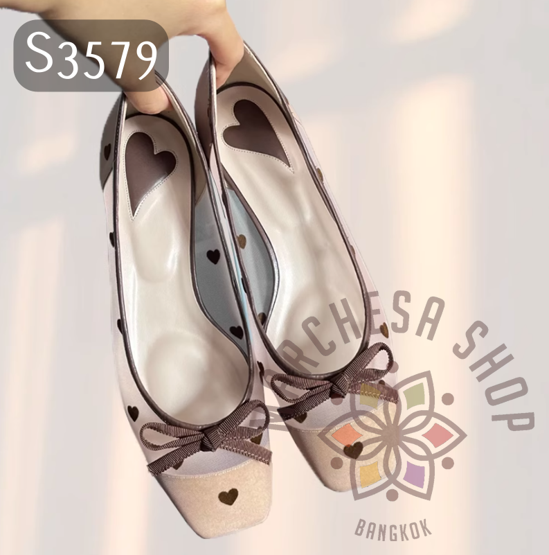 S3579 - 頭層羊皮網紗心心蝴蝶結線方頭平底鞋
