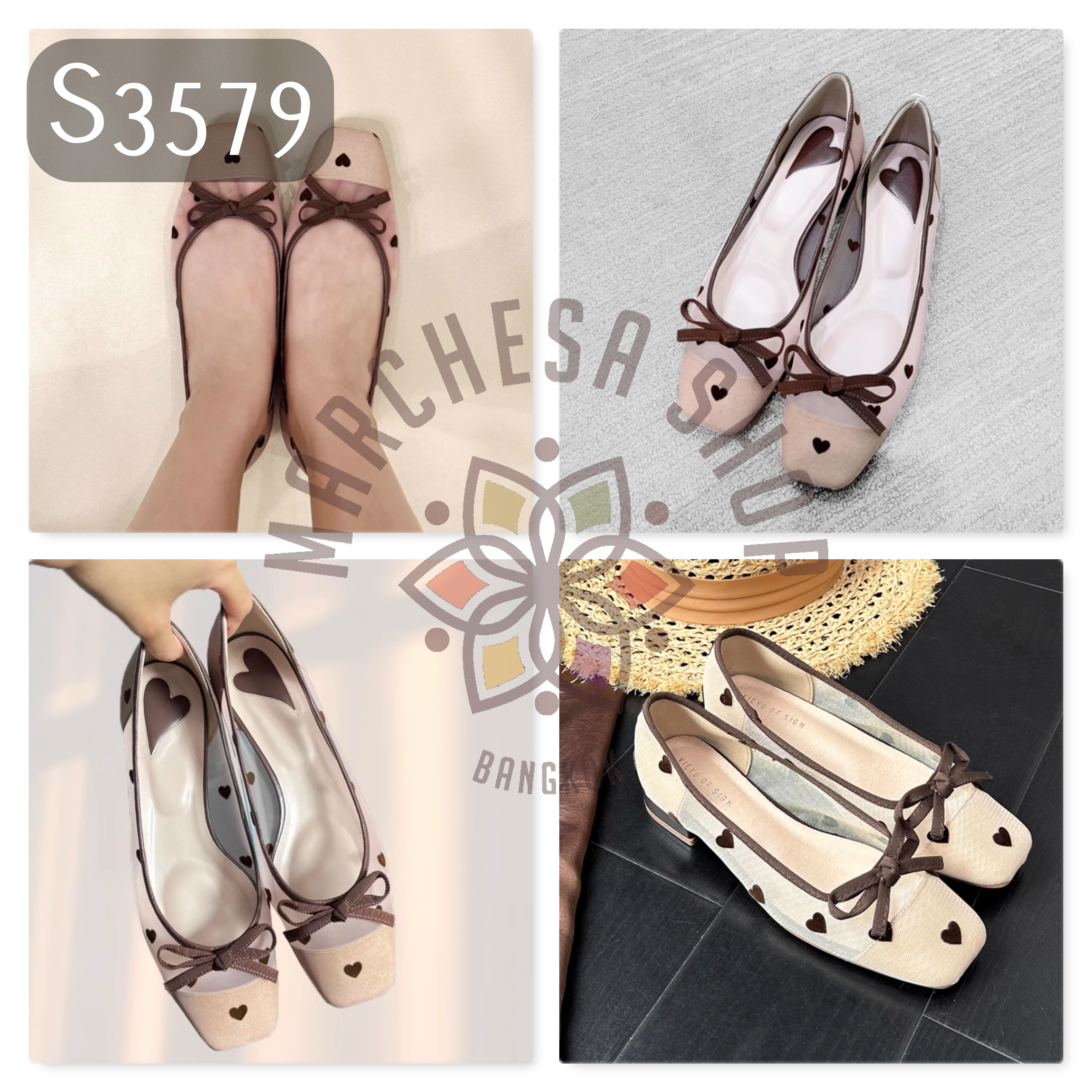 S3579 - 頭層羊皮網紗心心蝴蝶結線方頭平底鞋