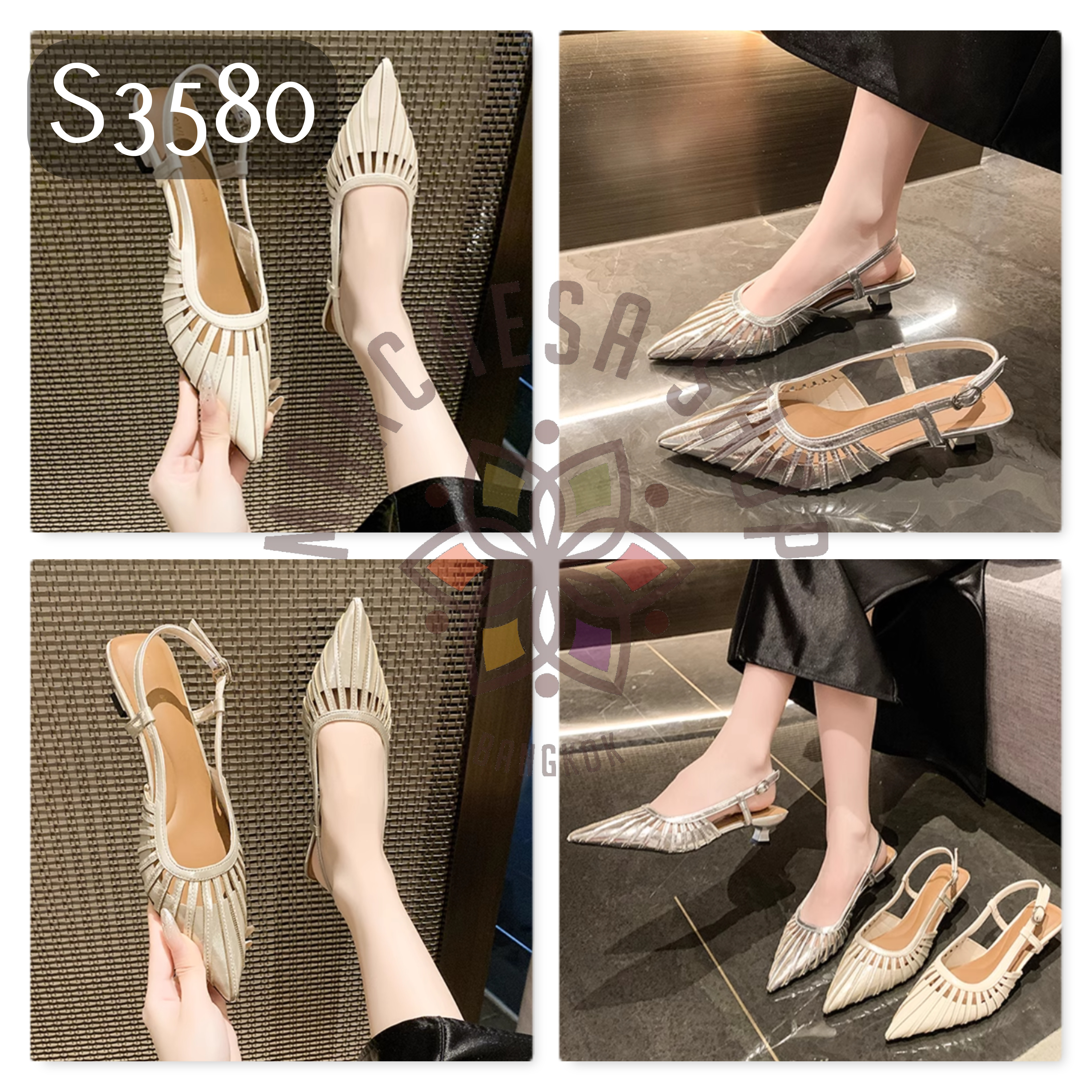 S3580 - 頭層羊皮中空尖頭低踭扣帶涼鞋